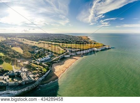 Drone aerial view of the beach and white cliffs, Botany Bay, England, UK