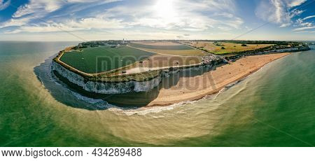 Drone aerial view of the beach and white cliffs, Botany Bay, England, UK