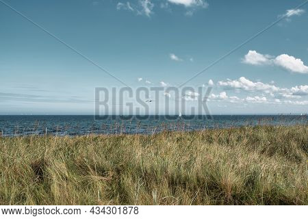 Grass Covered Dune And Baltic Sea Against Beautiful Sky
