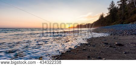 Sandcut Beach On The West Coast Of Pacific Ocean. Summer Sunny Sunset. Canadian Nature Landscape Bac