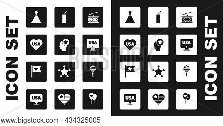 Set Drum And Drum Sticks, Usa Head, Independence Day, Party Hat, On Monitor, Dynamite Bomb, Torch Fl