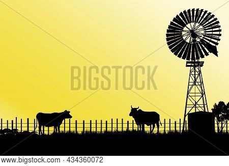 Old Style Windmill With Two Cows Silhouette Fence And Yellow Background