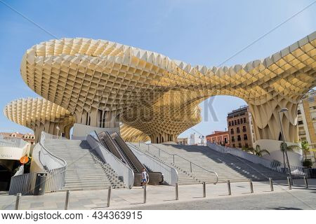 SEVILLE, SPAIN - AUGUST 12, 2021: Seville Metropol Parasol (Sevilla Mushrooms) (Las Setas De Sevilla), Plaza de la Encarnacion, Seville, Spain, Andalusia, Spain, Europe