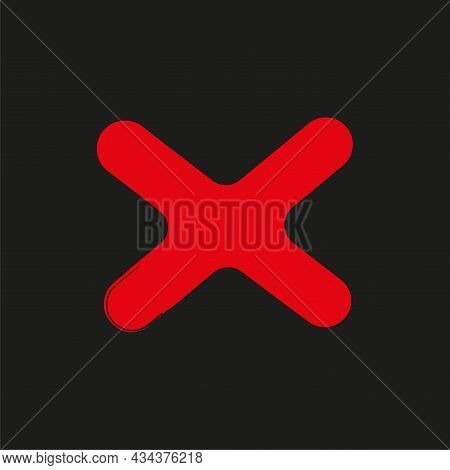 Red Cross On Black Background. Checklist Insignia. Line Art. Abstract Brush Drawing. Vector Illustra