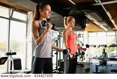 Sporty Women Working Out Together At Gym. Sport Healthy Lifesytle People Concept