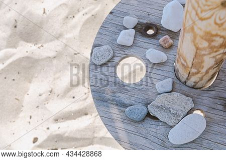 Sea Sand And Pebbels Wooden Table Top View