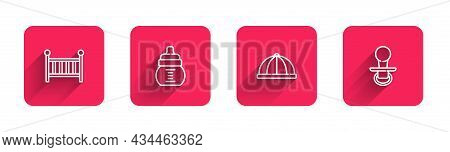 Set Line Baby Crib Cradle, Bottle, Hat And Dummy Pacifier With Long Shadow. Red Square Button. Vecto