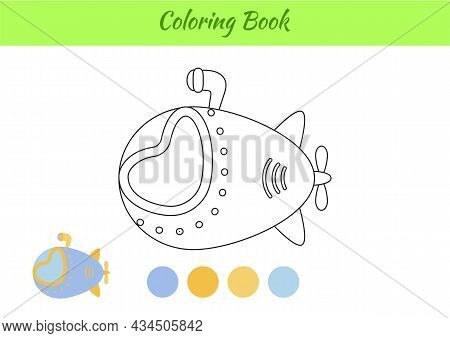 Coloring Book Submarine For Kids. Educational Activity Page For Preschool Years Kids And Toddlers Wi