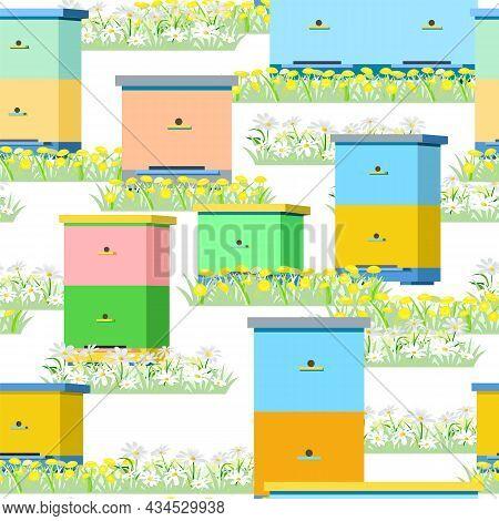 Apiary With Bees And Hives. In The Meadow With Grass And Blooming Daisies And Dandelions. Seamless P