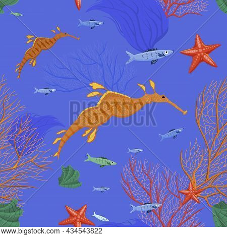 Marine Life Seamless Pattern. Weedy Sea Dragon. Undersea Animals.