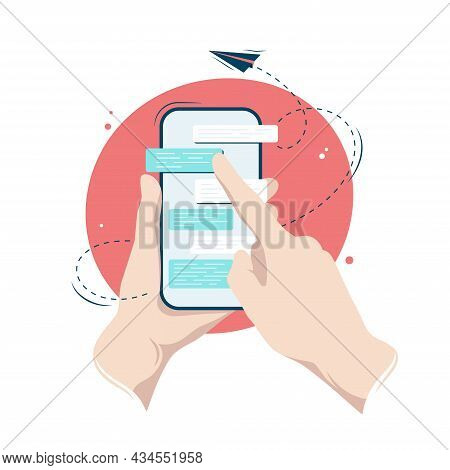 Hands Holding A Smartphone With A Messenger Dialog On Its Screen, Vector Illustration In Flat Style