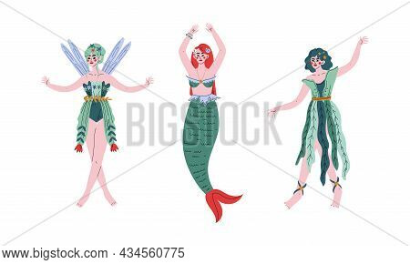 Magic Forest Fairy Or Pixie With Wings And Mermaid With Fish Tail Vector Set