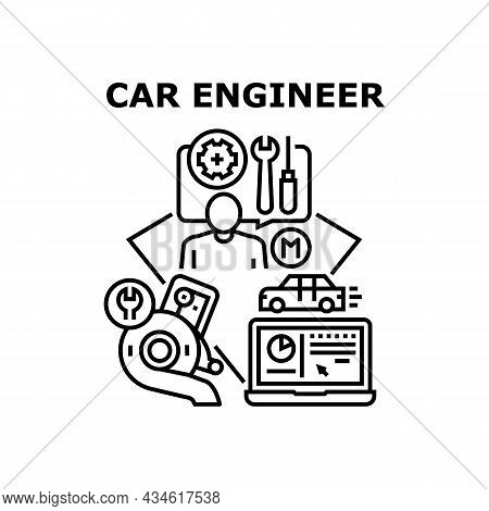 Car Engineer Vector Icon Concept. Car Engineer Man Checking And Repairing Automobile, Engine And Bod