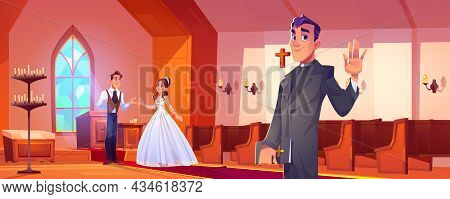 Wedding In Catholic Church With Happy Couple And Pastor. Vector Cartoon Illustration Of Marriage Cer