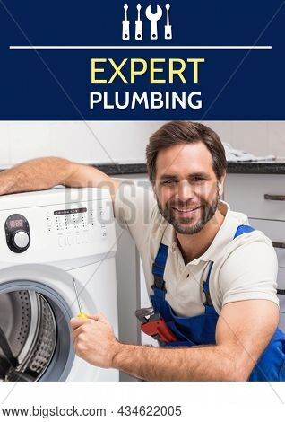 Composition of expert plumbing text over smiling caucasian male plumber fixing washing machine. plumber services and template concept digitally generated image.