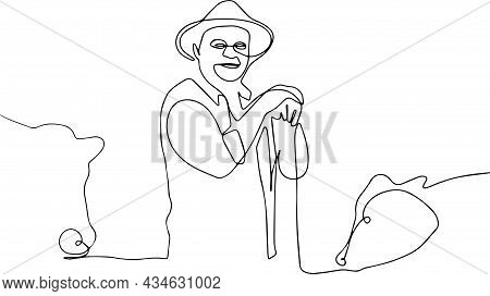 Mature Farmer Posing In A Cowshed. Vector Illustration