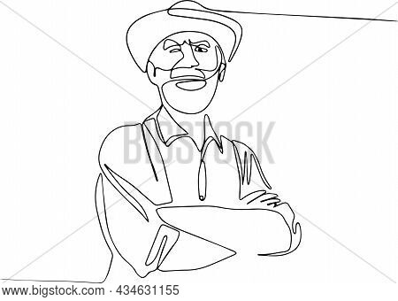 Portrait Of Old Fermer With Crossing Hands In The Hat Standing In The Golden Field And Turning. Vect