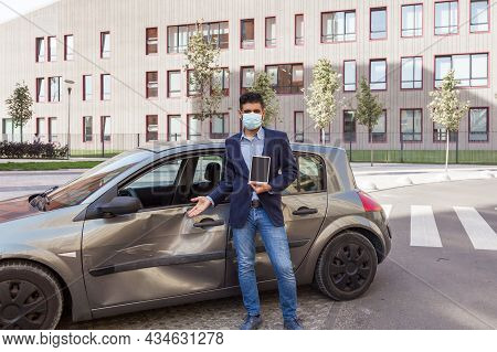 Young Adult Brunette Insure Agent Wearing Surgical Medical Mask, Jacket And Jeans, Inspected Dented 