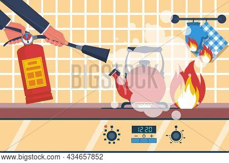 Fire In The Kitchen. Accident In The Kitchen. Working Surface With A Burning Kettle. Vector Illustra