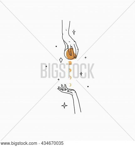 Hand Drawn Vector Abstract Stock Flat Graphic Illustration With Branding Logo, Bohemian Celestial Ma