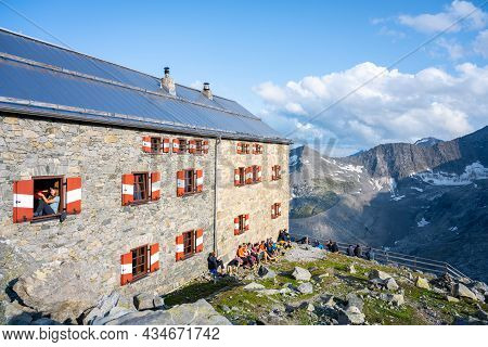 Matrei In Osttirol, Austria - August 21, 2021: New Prague Hut, German: Neuer Prager Hutte. Mountain 