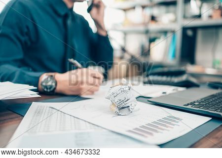 Crumpled Papers On Office Desk. Business Strain Feeling Was Frustrated With Working Failed. Fail, Co