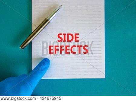 Side Effects Symbol. White Note With Words Side Effects, Beautiful Blue Background, Doctor Hand And 