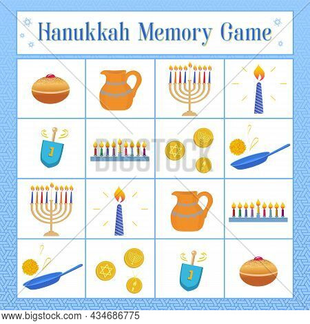 Activities For Children Related To Hanukkah. Memory Game With Symbols Of Jewish Holiday Hanukkah, Dr