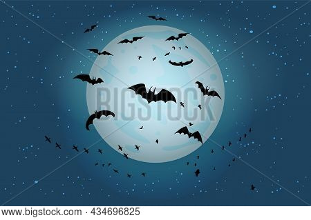 Spooky Black Bats Group On Fullmoon Background. Halloween Night Starry Sky With Silhouettes Of Flyin