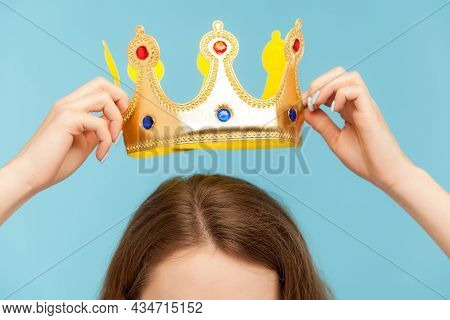 Closeup Of Woman Putting On Head Golden Crown, Concept Of Awards Ceremony, Privileged Status, Superi