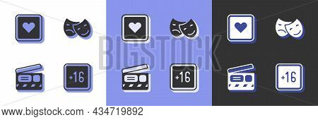 Set Plus 16 Movie, Like Heart, Movie Clapper And Comedy And Tragedy Masks Icon. Vector
