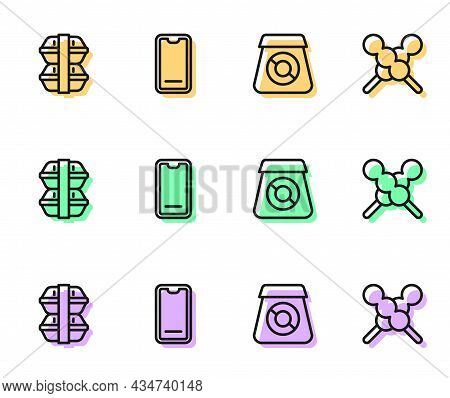 Set Line Online Ordering Food, Lunch Box, Food On Mobile And Meatballs Wooden Stick Icon. Vector