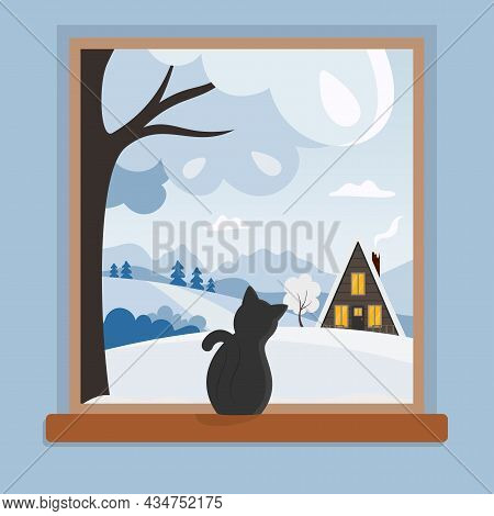 Window With Winter Landscape And Cat Sitting On The Windowsill And Looking Outside. Countryside Scen