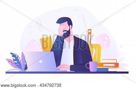 Caucasian Bearded Man Working On Laptop In Office. Eye Strain And Vision Fatigue From Reading And La
