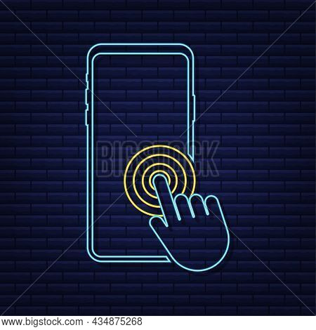 Click Smartphone. Empty Screen, Phone Mockup. Neon Device Mockup. Cursor Icon Vector. Hand Pointer V