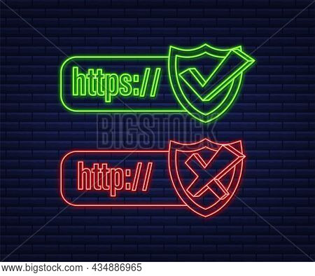 Neon Style Http And Https Protocols On Shield, On Dark Background. Vector Stock Illustration.