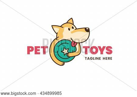 Pet Toys Logo Design Template. Cartoon Dog With Flying Disk. Stock Vector Illustration.
