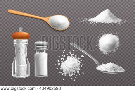 Realistic Salt. Grains Powder And Piles Of Edible Sea Mineral Crystals. 3d Food Seasoning In Bottle 