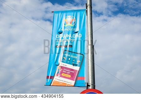 Bucharest, Romania, 5 June 2021 - Blue Banner Is Displayed In A Street In The Old City Center As Of 