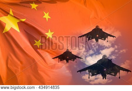 China Air Forces Strike Concept. Fighter Aircrafts On China Flag Background