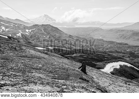 Black And White View Of The Ilyinsky Volcano Early In The Morning, Kamchatka Peninsula, Russia