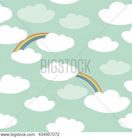 Cute Sky Clouds Rainbow Seamless Vector Pattern