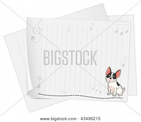 Ilustração de um cão, imprimido em um papel branco com notas musicais em um fundo branco