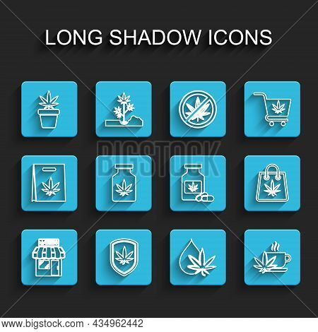 Set Line Marijuana And Cannabis Store, Shield Marijuana, Plant In Pot, Leaf Oil, Cup Tea With, Medic