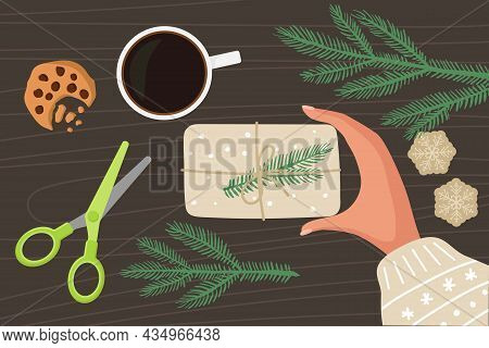 Christmas Gift Packaging. Preparations For Christmas And New Year Flat Vector Isolated. Hand With Wi
