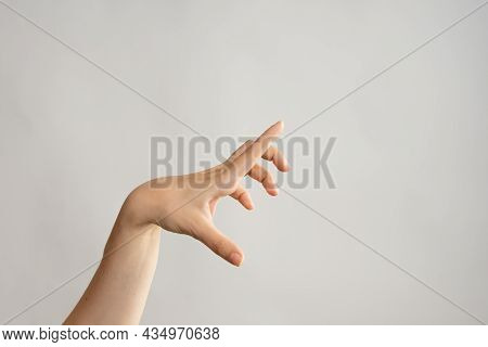 Zombie Hands Attack, Grabbing Something Hands With Crooked Fingers. Hand Gestures, Light Grey Backgr