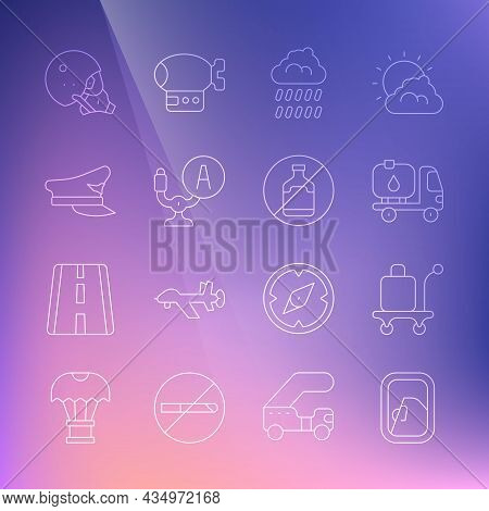 Set Line Airplane Window, Trolley Baggage, Fuel Tanker Truck, Cloud With Rain, Aircraft Steering Hel