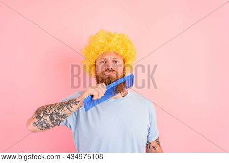 Thoughtful Man With Beard, Yellow Peruke And Big Comb