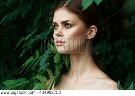 Attractive Woman Green Leaves Clean Skin Nature Summer Close-up