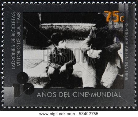 A stamp printed in Argentina dedicated to 100 years of world cinema